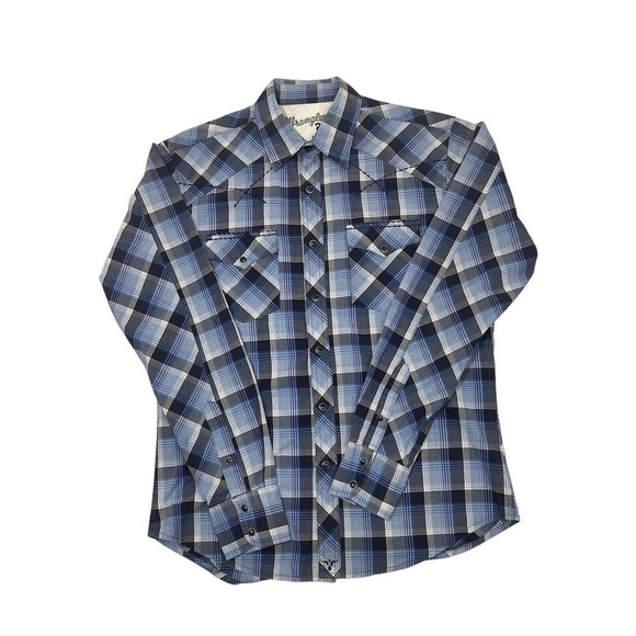 Wrangler Men's 20X Western Shirt Blue Plaid Pearl Snap Size M Contrast Stitching - Picture 1 of 10